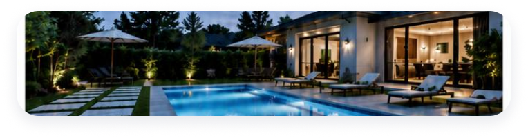 A lush, planted backyard around a pool at dusk