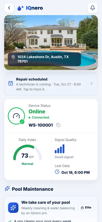 IQnero app dashboard showing live pool status