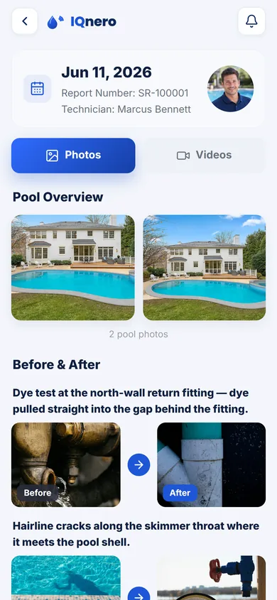 IQnero app — a service report documented with before-and-after photos