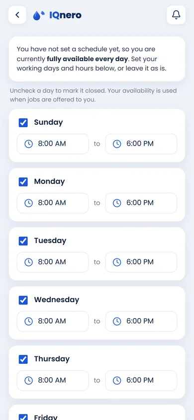 IQnero Maintenance app — availability settings per day