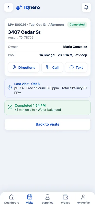 IQnero Maintenance app — completed visit showing time on site and water balanced