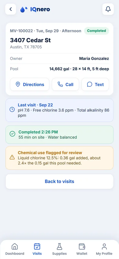 IQnero Maintenance app — a visit with chemical use flagged for review