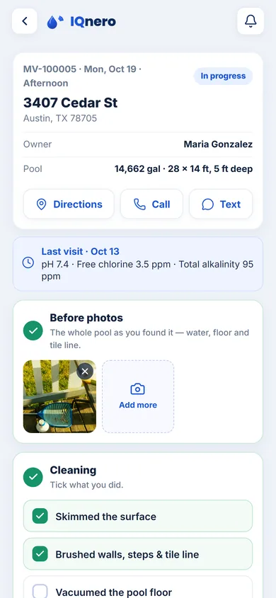 IQnero Maintenance app — on-site visit with before photos and a cleaning checklist