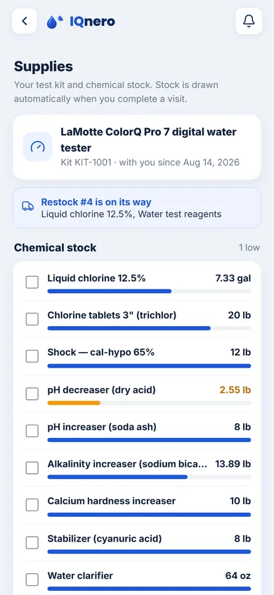 IQnero Maintenance app — supplies with a water tester and chemical stock levels