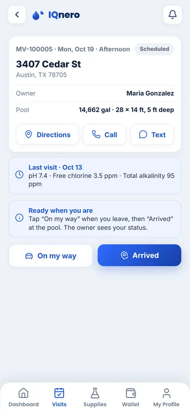 IQnero Maintenance app — today's scheduled visit with the address, pool size and last water readings