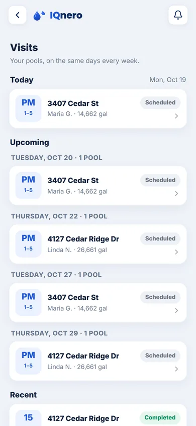 IQnero Maintenance app — visits list with today and upcoming stops