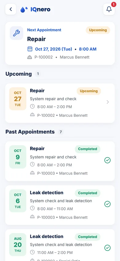 IQnero app — appointments list with status and technician