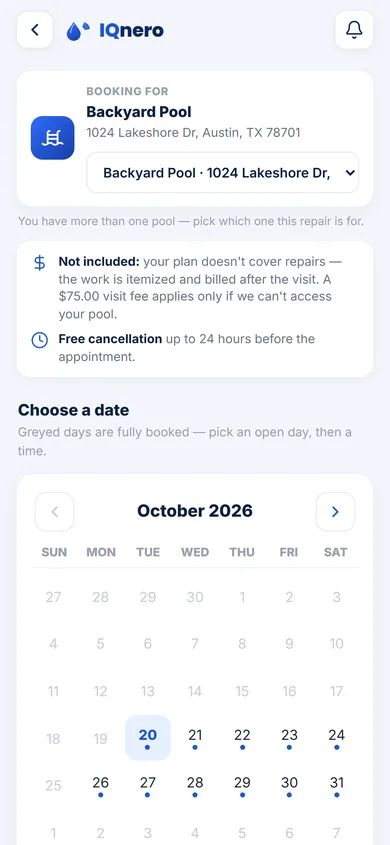 IQnero app — book a repair on the calendar