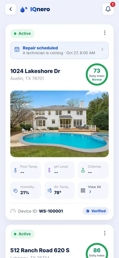 IQnero app — My Pools list with index rings and water readings