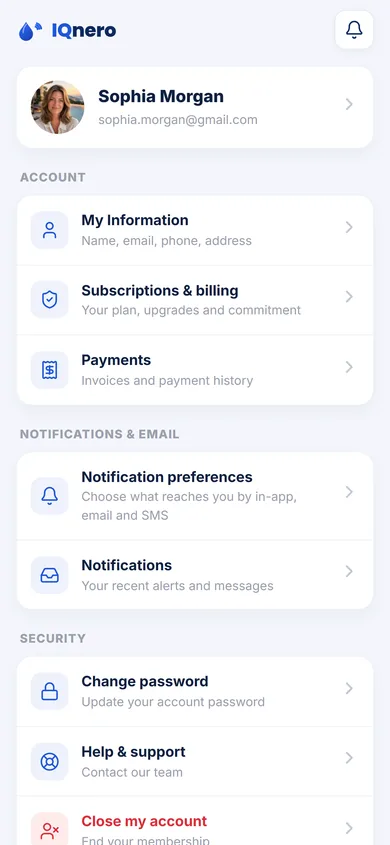IQnero app — account with subscription, billing and payments
