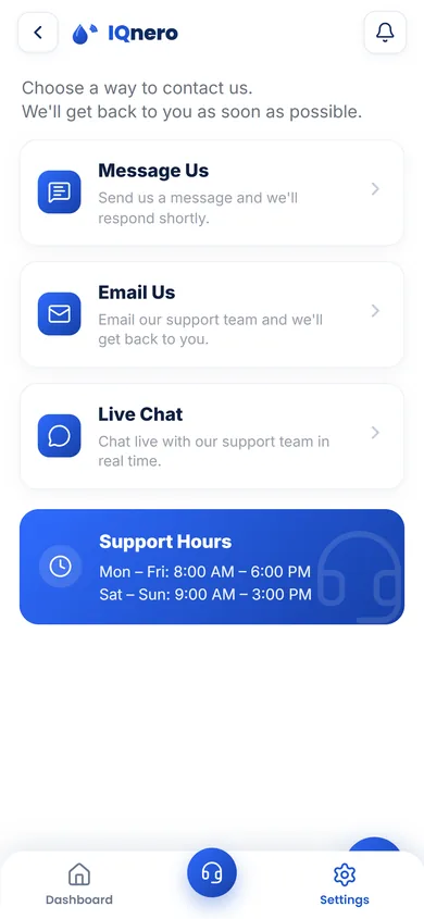 IQnero app — contact support options and hours