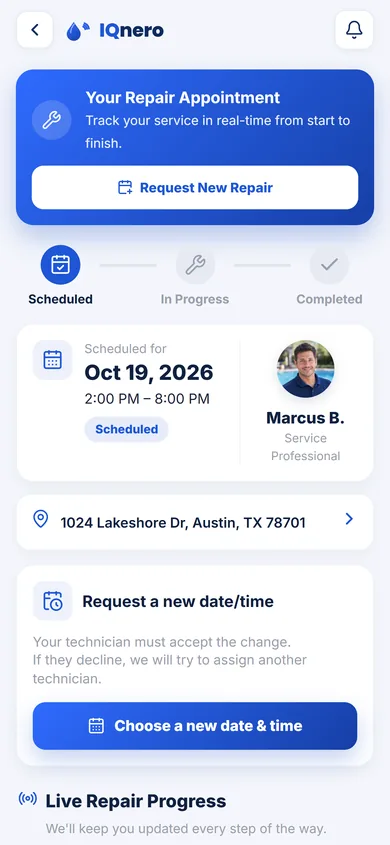 IQnero app — live appointment progress with status stepper