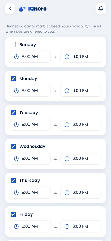 IQnero technician app — availability settings per day