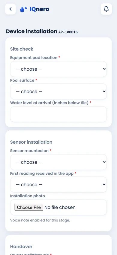IQnero technician app — guided installation visit with site check and photos