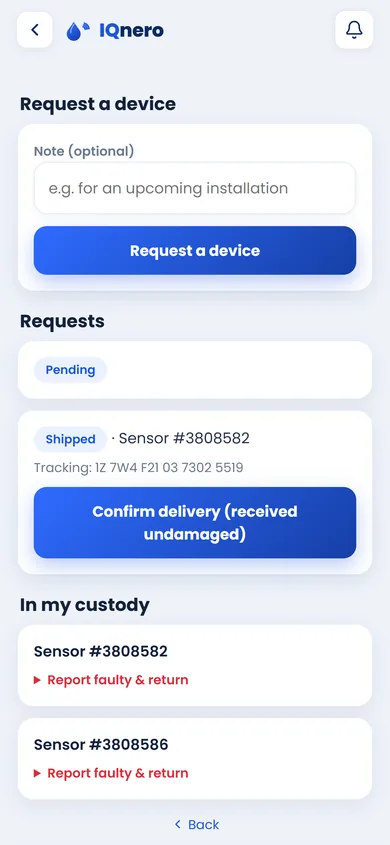 IQnero technician app — request devices and track inventory