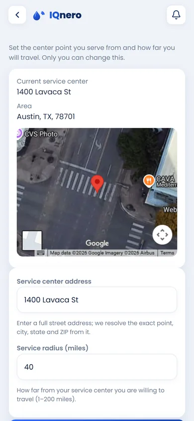 IQnero technician app — set your service area and location