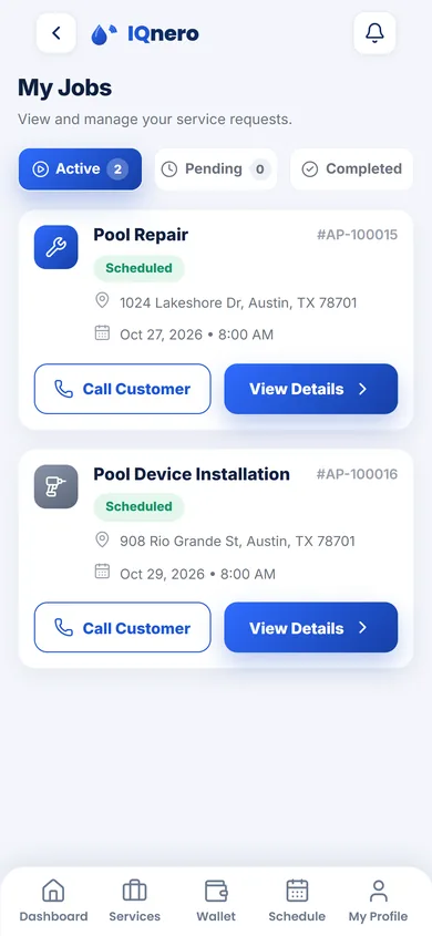 IQnero technician app — My Jobs list
