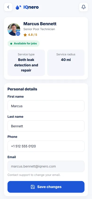 IQnero field app — My Profile with your details, service types, availability and payout settings