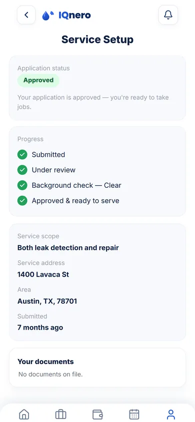 IQnero technician app — onboarding progress with license, Checkr background check and certification