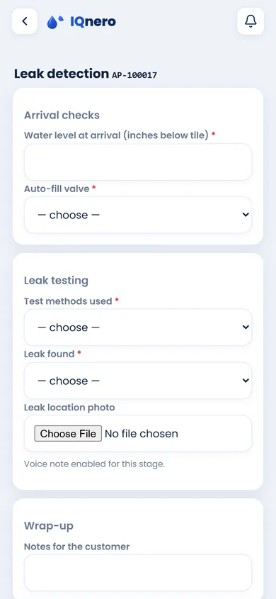 IQnero technician app — guided leak-detection visit with arrival checks and testing