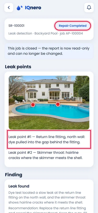 IQnero technician app — report details with pool information