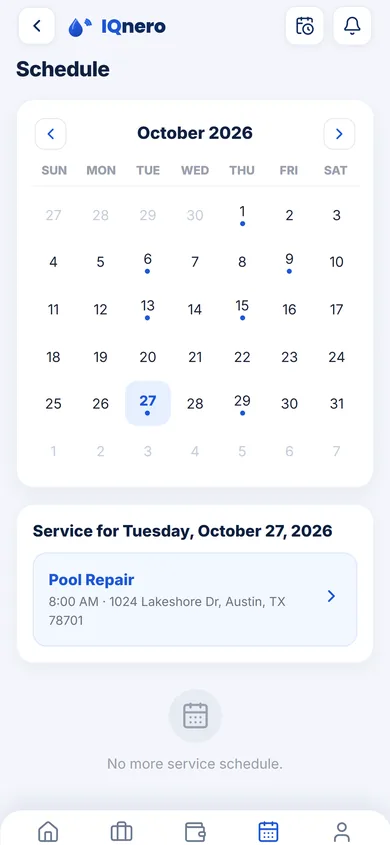 IQnero technician app — month schedule calendar