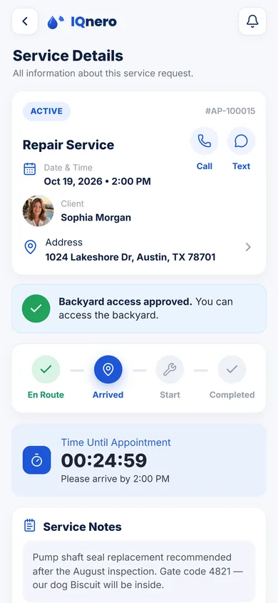 IQnero technician app — service details with status tracker and notes