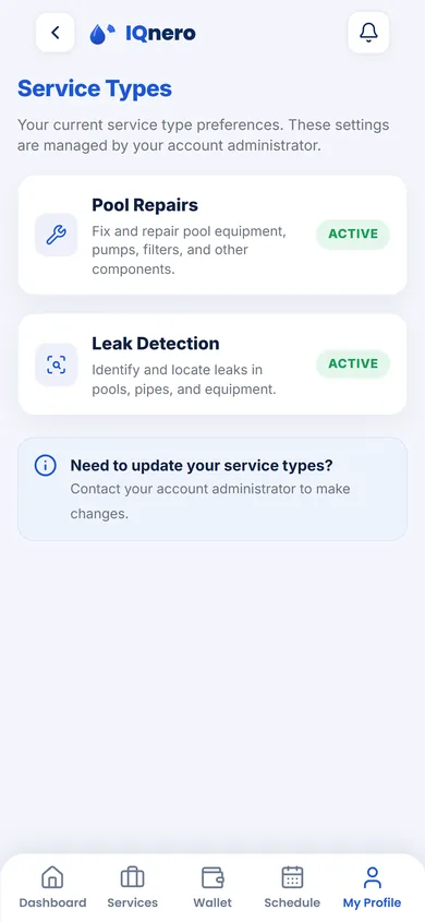 IQnero technician app — choose your service types