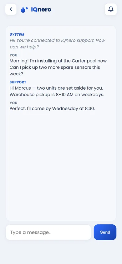 IQnero technician app — live support chat