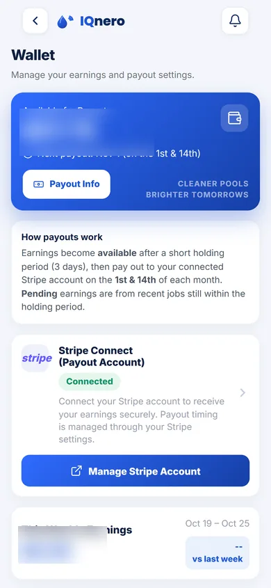 IQnero technician app — wallet with the payout schedule and balance, amounts hidden